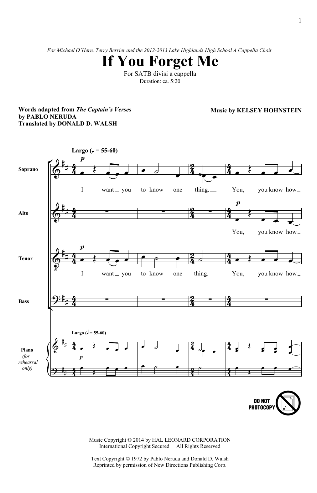 Kelsey Hohnstein If You Forget Me sheet music notes and chords arranged for SATB Choir