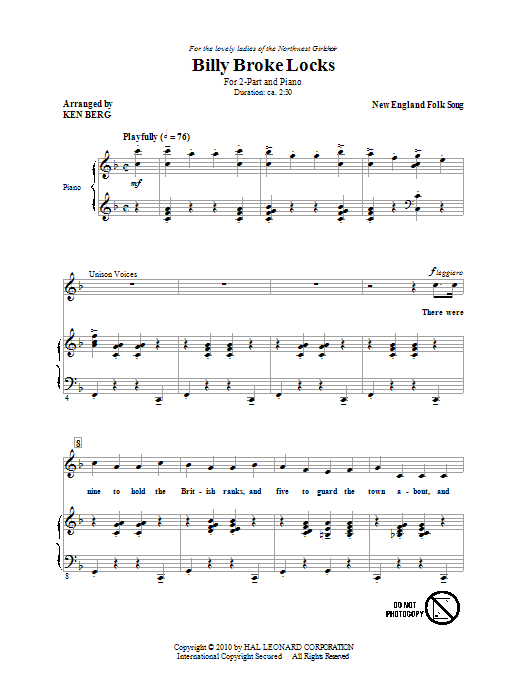 Ken Berg Billy Broke Locks sheet music notes and chords arranged for 2-Part Choir