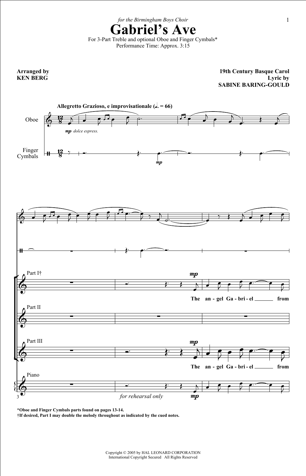 Ken Berg Gabriel's Ave sheet music notes and chords arranged for 3-Part Treble Choir