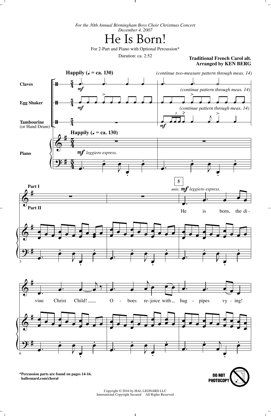 Ken Berg He Is Born! sheet music notes and chords arranged for 2-Part Choir