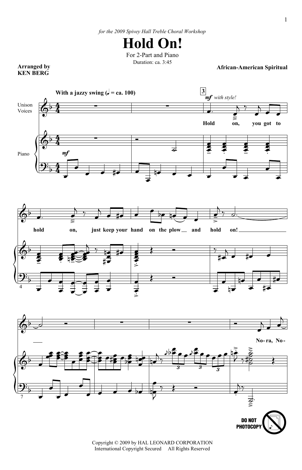 Ken Berg Hold On! sheet music notes and chords arranged for 2-Part Choir