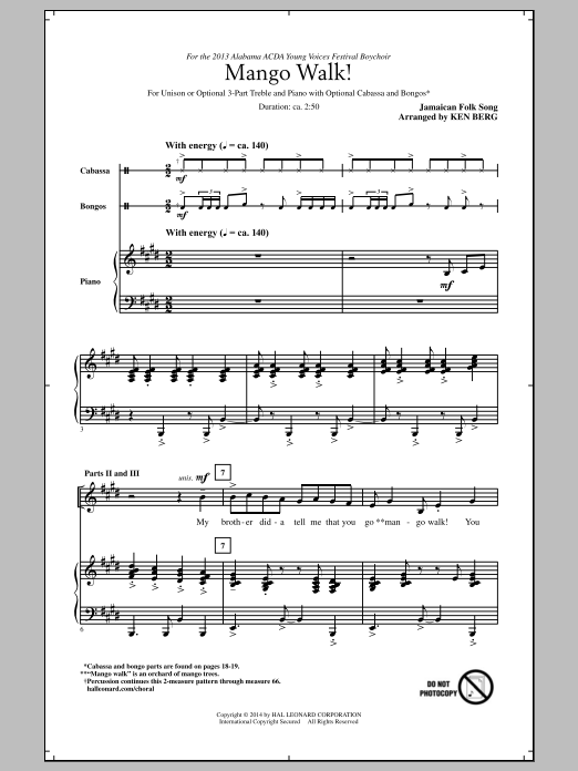 Ken Berg Mango Walk sheet music notes and chords arranged for Unison Choir