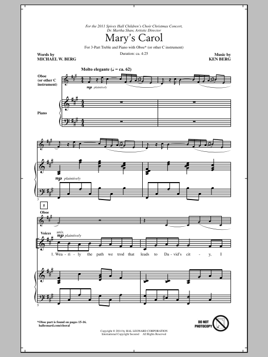 Ken Berg Mary's Carol sheet music notes and chords arranged for 3-Part Treble Choir