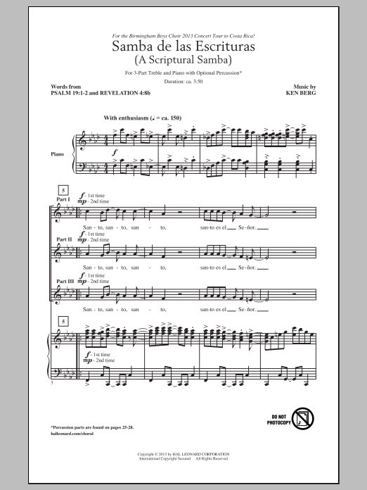 Ken Berg Samba De Las Escrituras sheet music notes and chords arranged for 3-Part Treble Choir