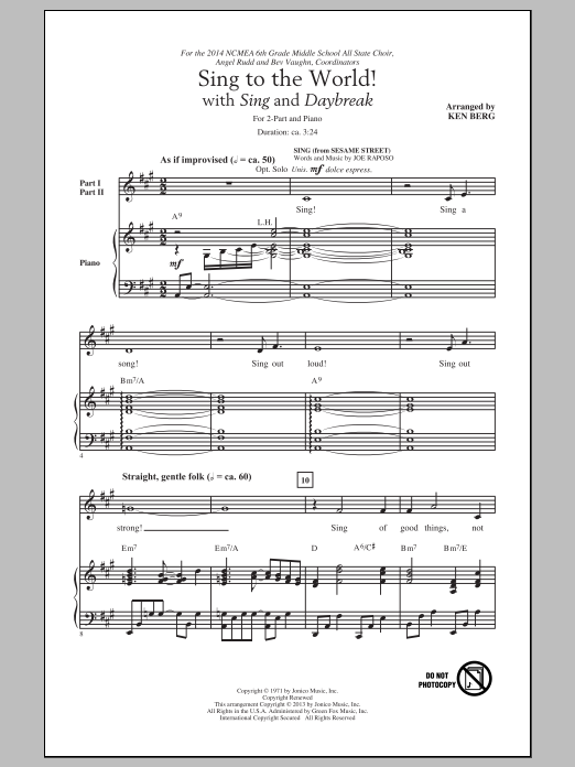 Ken Berg Sing To The World! sheet music notes and chords arranged for 2-Part Choir
