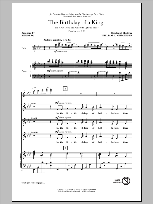Ken Berg The Birthday Of A King sheet music notes and chords arranged for 3-Part Treble Choir