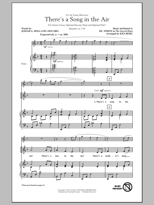 Ken Berg There's A Song In The Air sheet music notes and chords arranged for Unison Choir