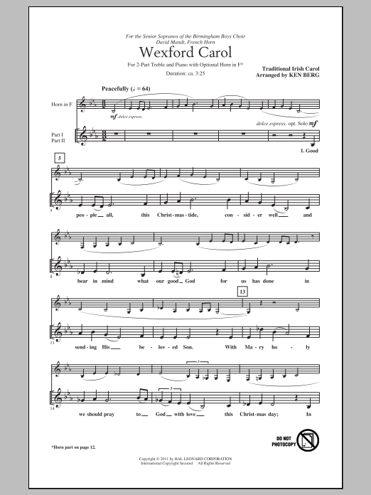 Ken Berg Wexford Carol sheet music notes and chords arranged for 2-Part Choir