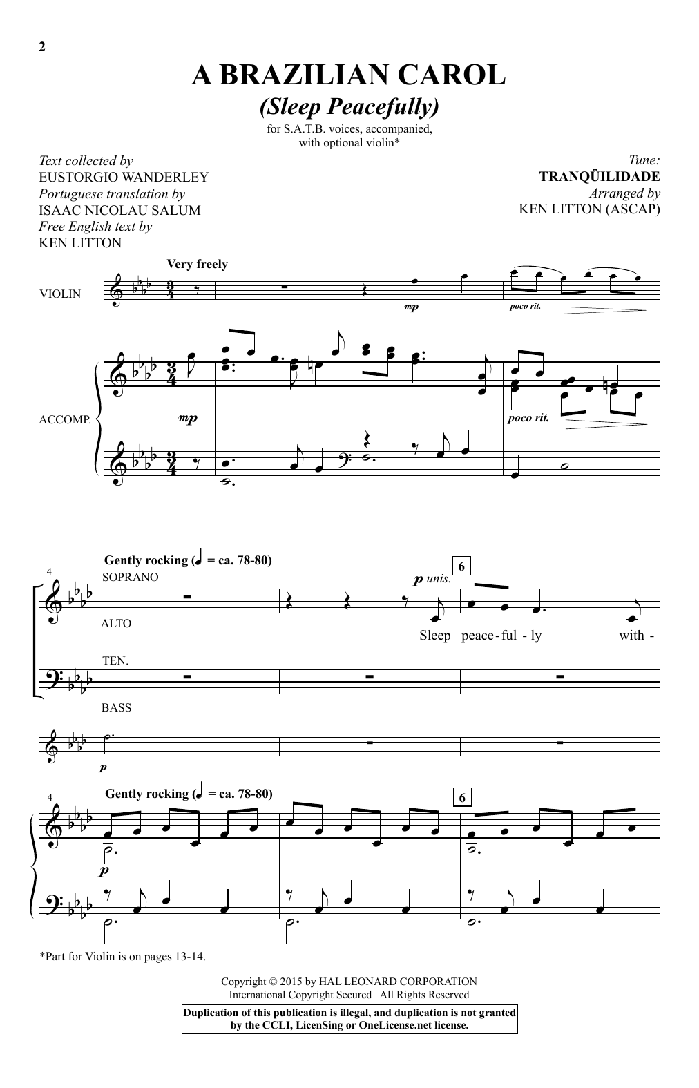 Ken Litton A Brazilian Carol (Sleep Peacefully) sheet music notes and chords arranged for Choir