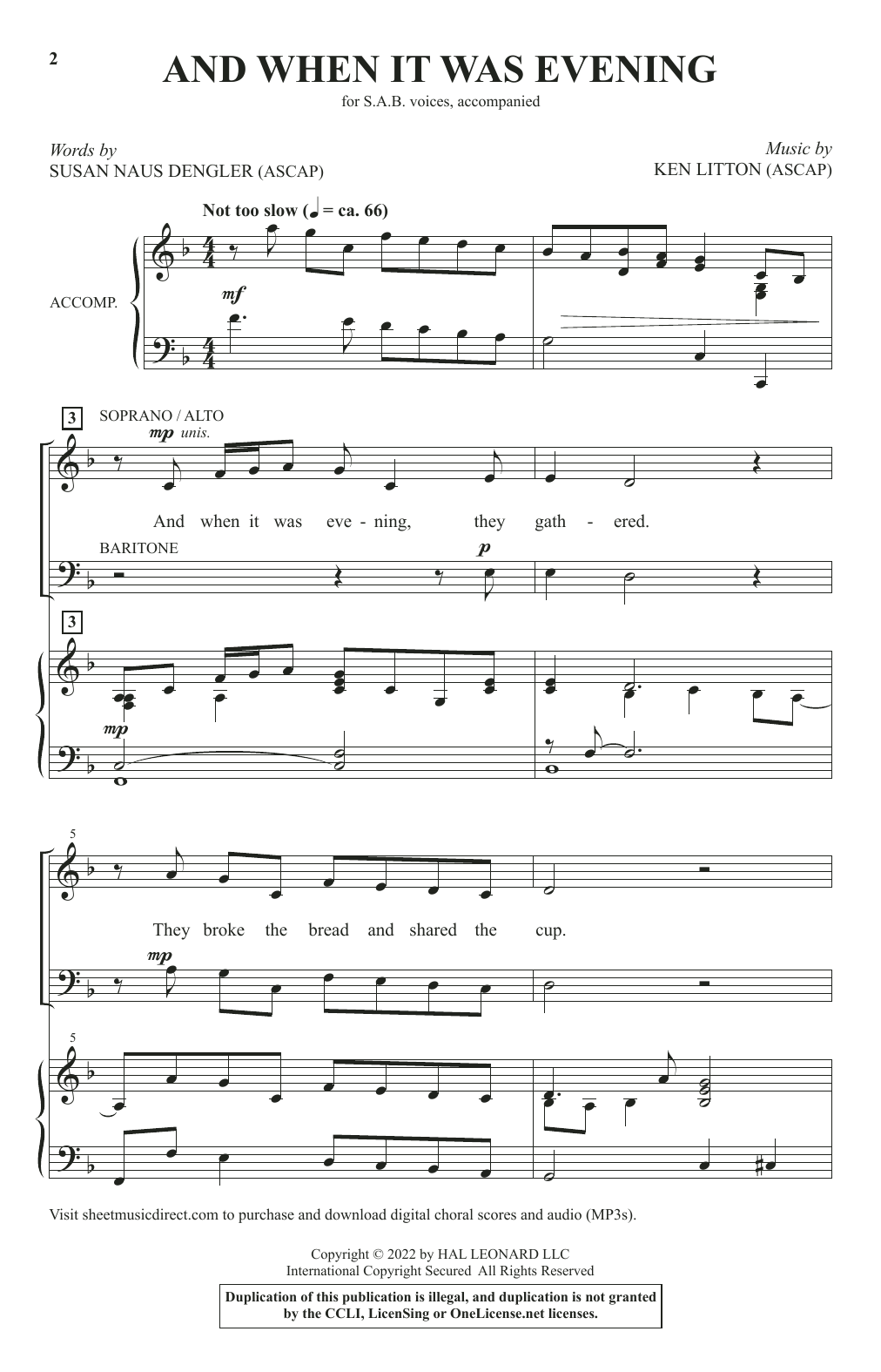 Ken Litton And When It Was Evening sheet music notes and chords arranged for SAB Choir