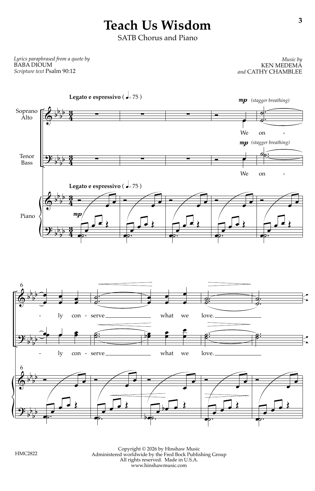 Ken Medema and Cathy Chamblee Teach Us Wisdom sheet music notes and chords arranged for SATB Choir