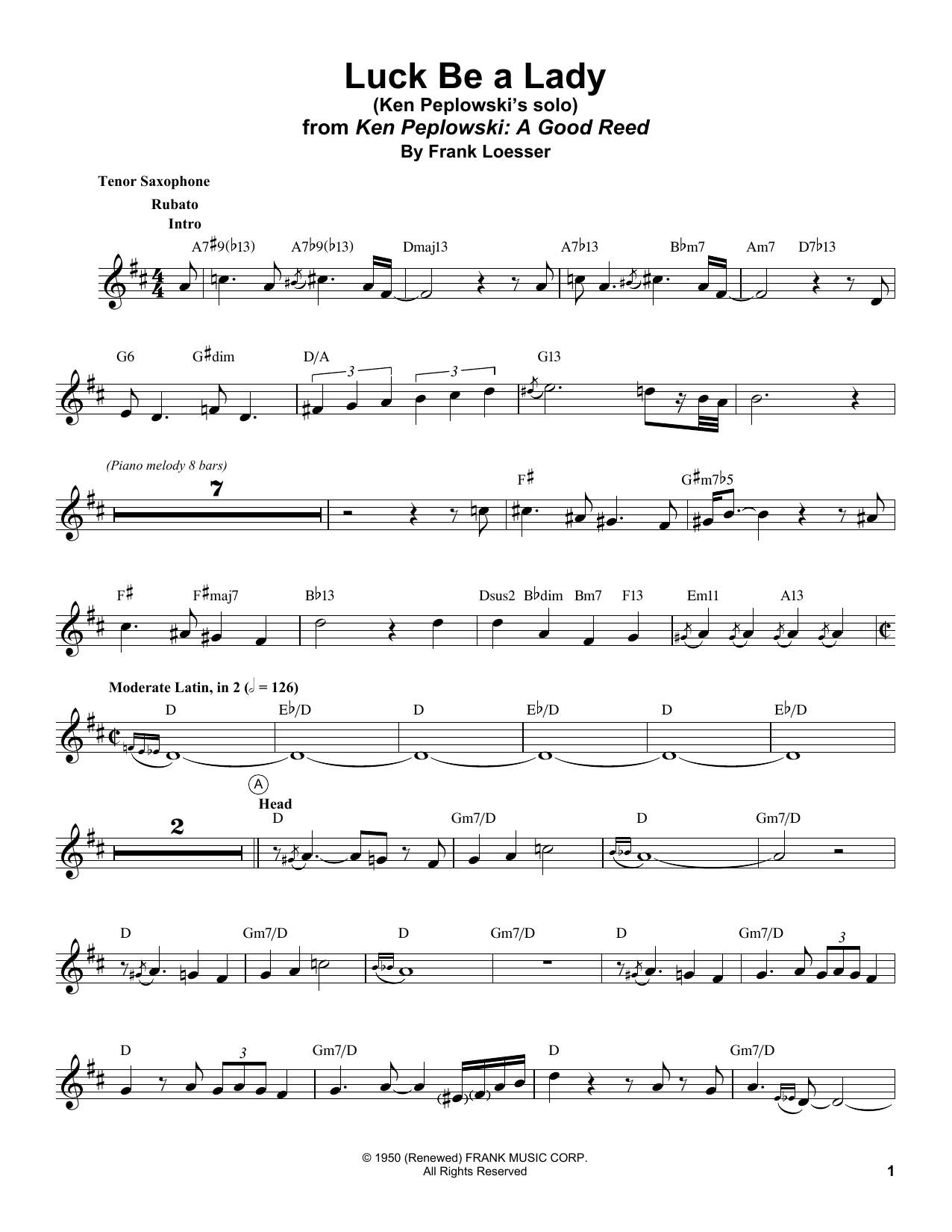Ken Peplowski Luck Be A Lady sheet music notes and chords arranged for Tenor Sax Transcription