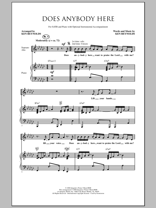 Ken Reynolds Does Anybody Here sheet music notes and chords arranged for SATB Choir