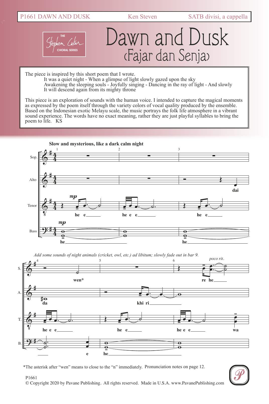 Ken Steven Dawn and Dusk (Fajar dan Senja) sheet music notes and chords arranged for SATB Choir