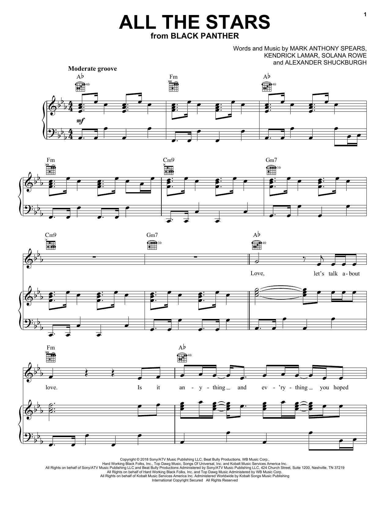 Kendrick Lamar and SZA All The Stars sheet music notes and chords arranged for Piano, Vocal & Guitar Chords (Right-Hand Melody)