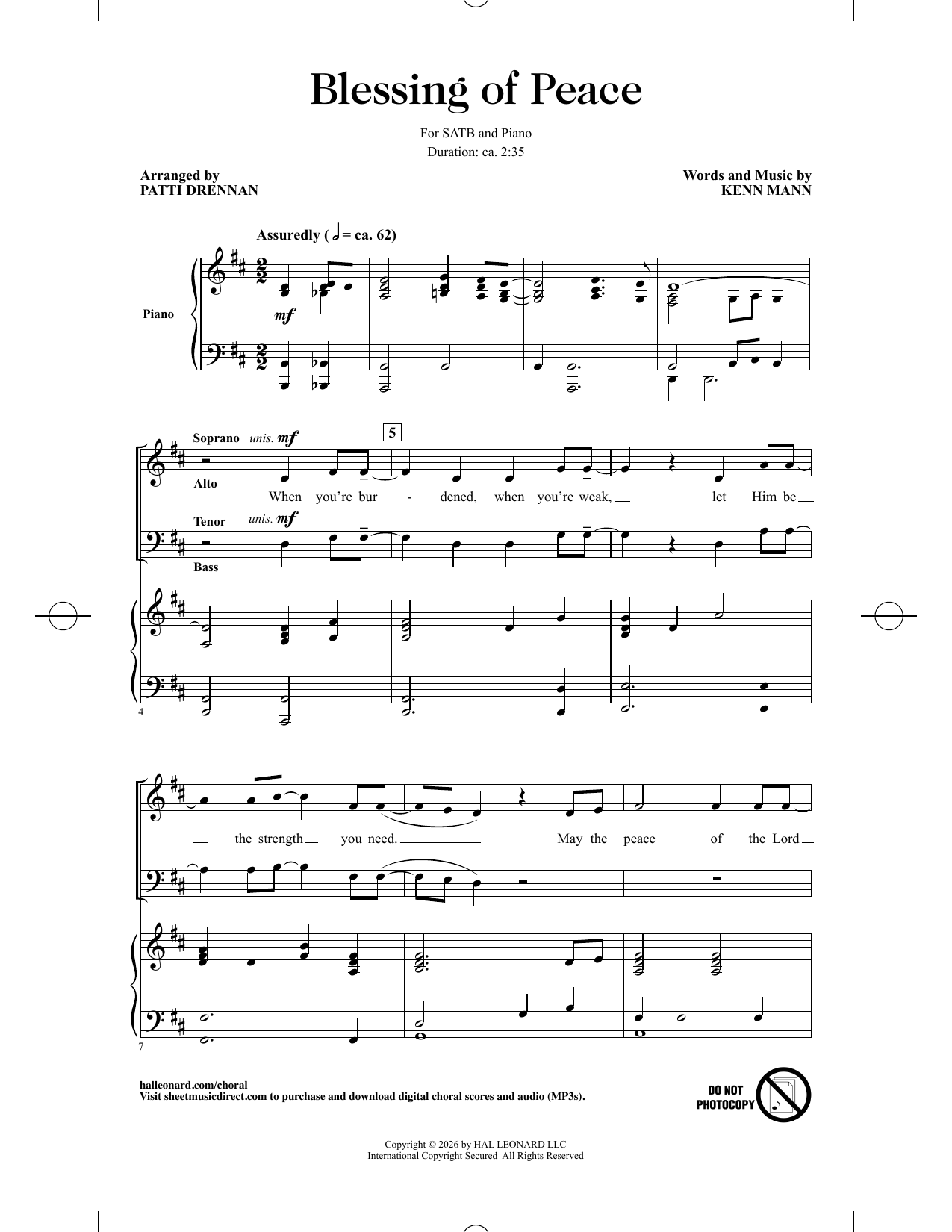 Kenn Mann Blessing Of Peace (arr. Patti Drennan) sheet music notes and chords arranged for SATB Choir