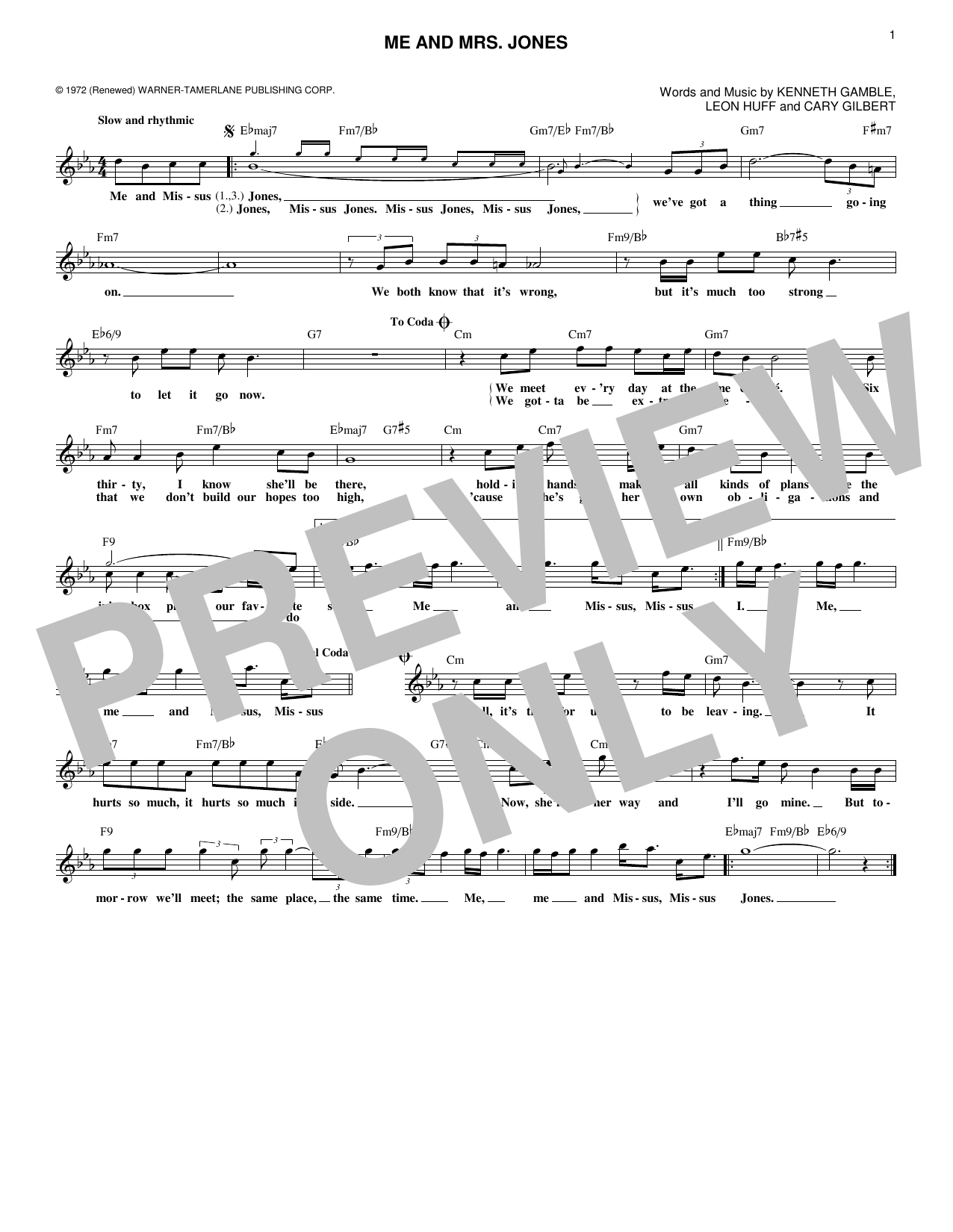 Kenneth Gamble Me And Mrs. Jones sheet music notes and chords arranged for Lead Sheet / Fake Book