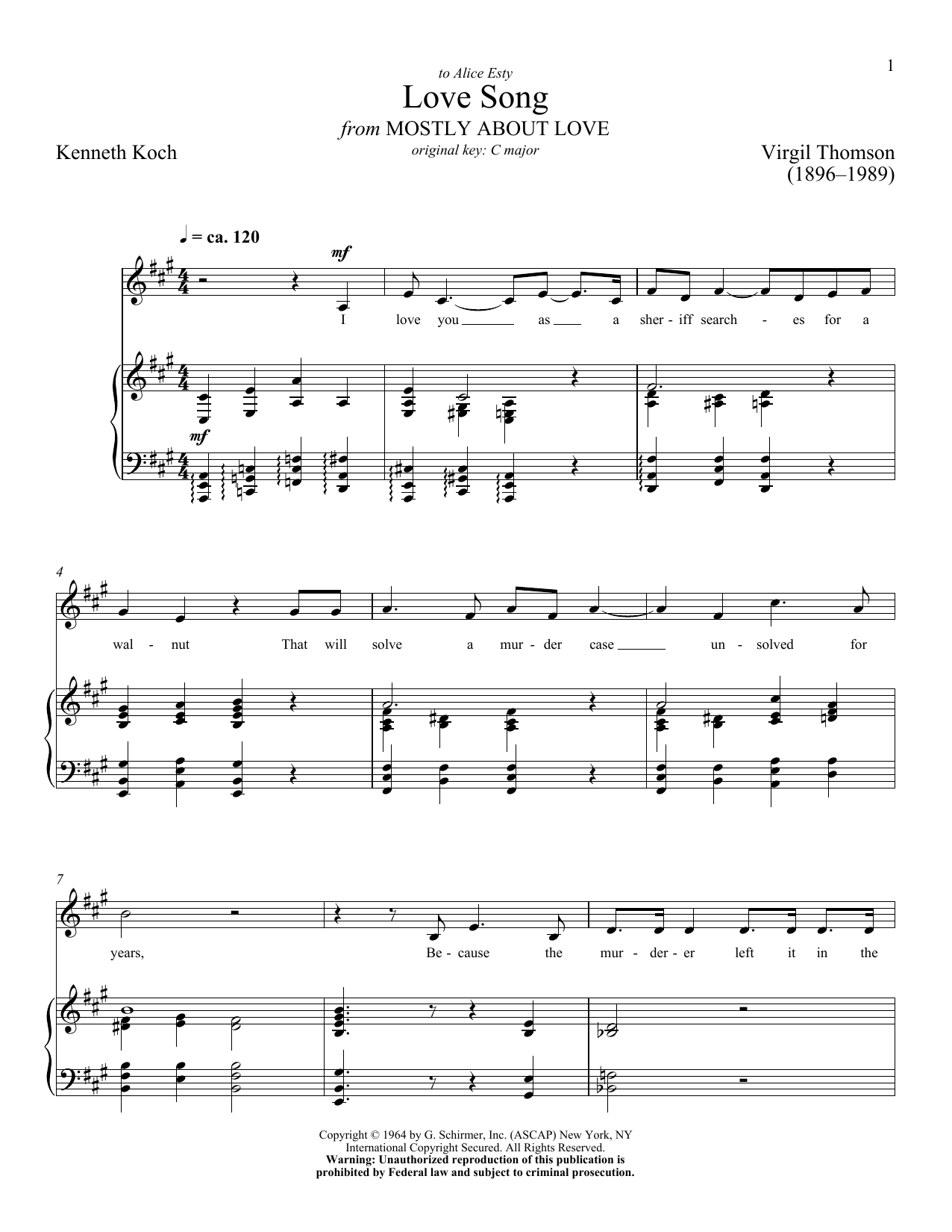 Kenneth Koch Love Song sheet music notes and chords arranged for Piano & Vocal