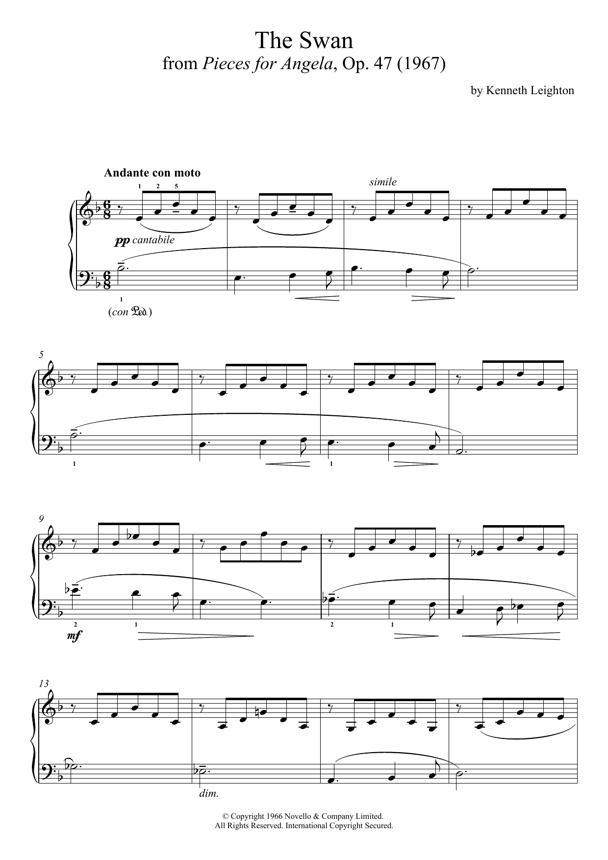 Kenneth Leighton The Swan (From Pieces For Angela) sheet music notes and chords arranged for Piano Solo
