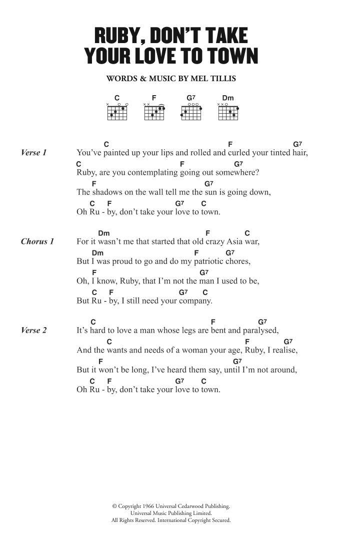 Kenny Rogers & The First Edition Ruby, Don't Take Your Love To Town sheet music notes and chords arranged for Guitar Chords/Lyrics