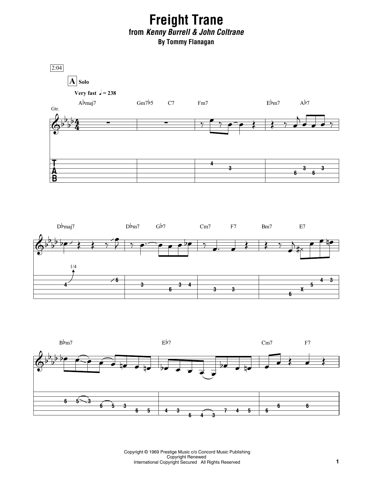 Kenny Burrell & John Coltrane Freight Trane sheet music notes and chords arranged for Electric Guitar Transcription