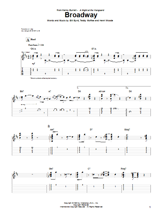 Kenny Burrell Broadway sheet music notes and chords arranged for Guitar Tab