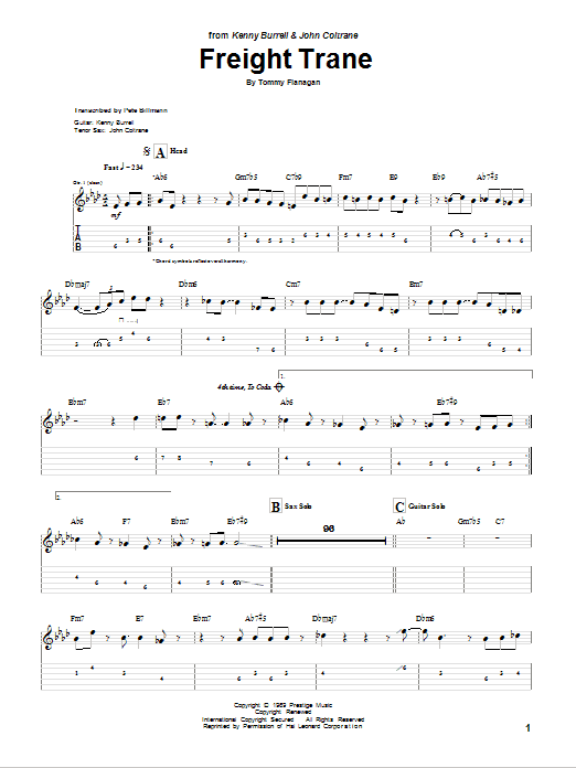 Kenny Burrell Freight Trane sheet music notes and chords arranged for Guitar Tab