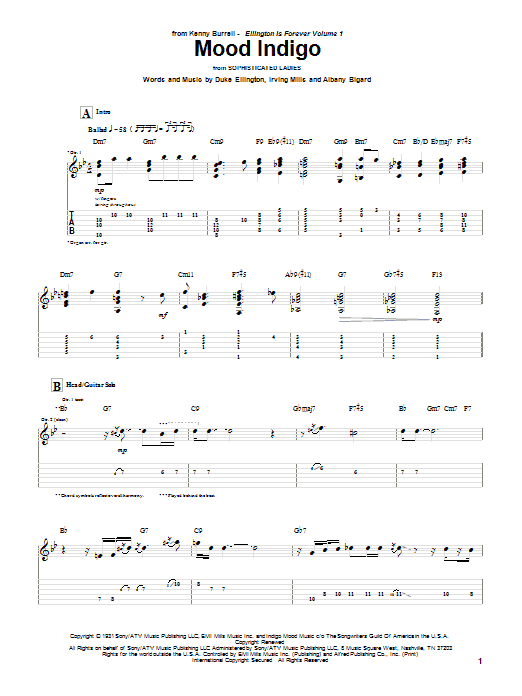 Kenny Burrell Mood Indigo sheet music notes and chords arranged for Guitar Tab