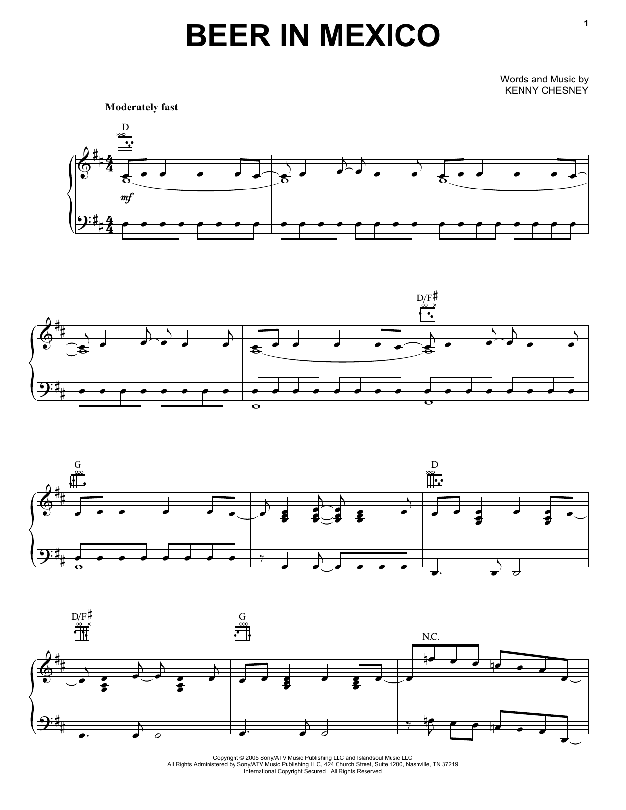 Kenny Chesney Beer In Mexico sheet music notes and chords arranged for Guitar Chords/Lyrics