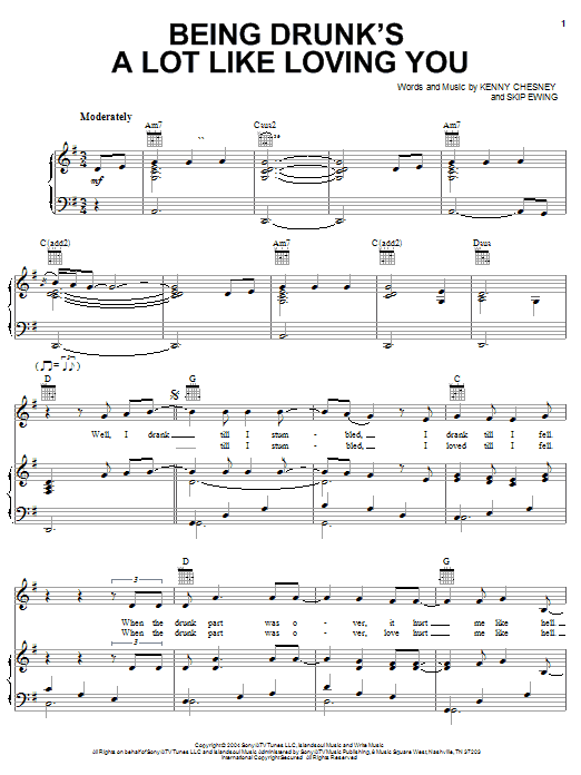 Kenny Chesney Being Drunk's A Lot Like Loving You sheet music notes and chords arranged for Piano, Vocal & Guitar Chords (Right-Hand Melody)