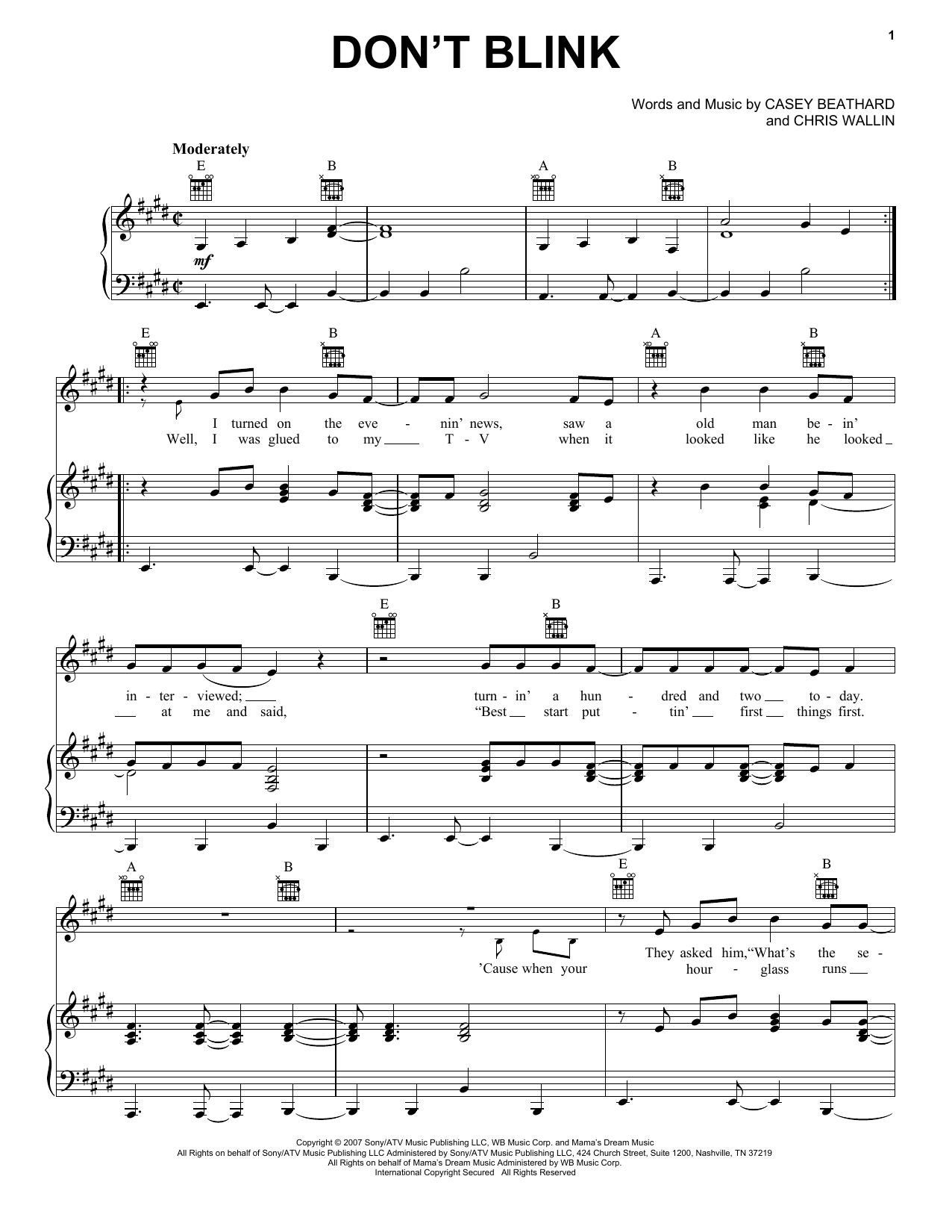 Kenny Chesney Don't Blink sheet music notes and chords arranged for Piano, Vocal & Guitar Chords (Right-Hand Melody)