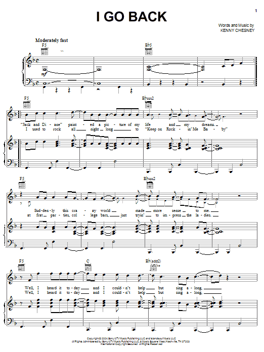 Kenny Chesney I Go Back sheet music notes and chords arranged for Piano, Vocal & Guitar Chords (Right-Hand Melody)