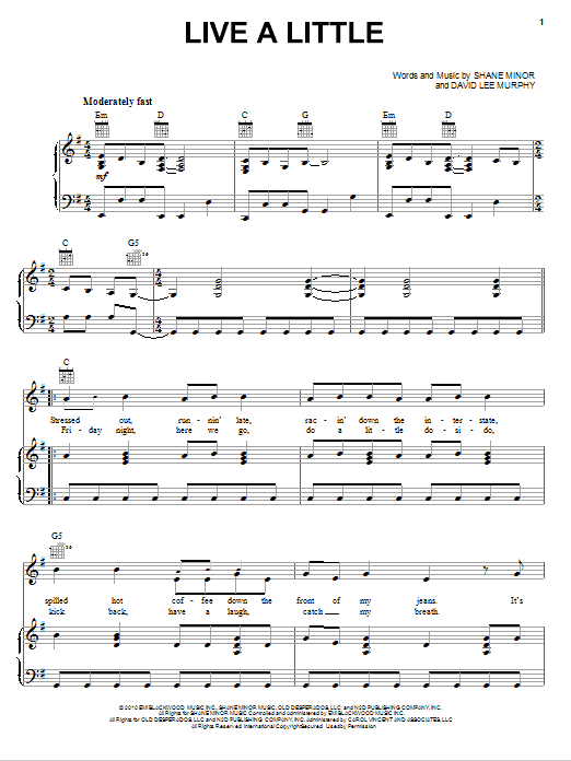 Kenny Chesney Live A Little sheet music notes and chords arranged for Piano, Vocal & Guitar Chords (Right-Hand Melody)