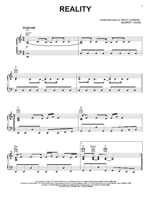 Kenny Chesney Reality sheet music notes and chords arranged for Piano, Vocal & Guitar Chords (Right-Hand Melody)
