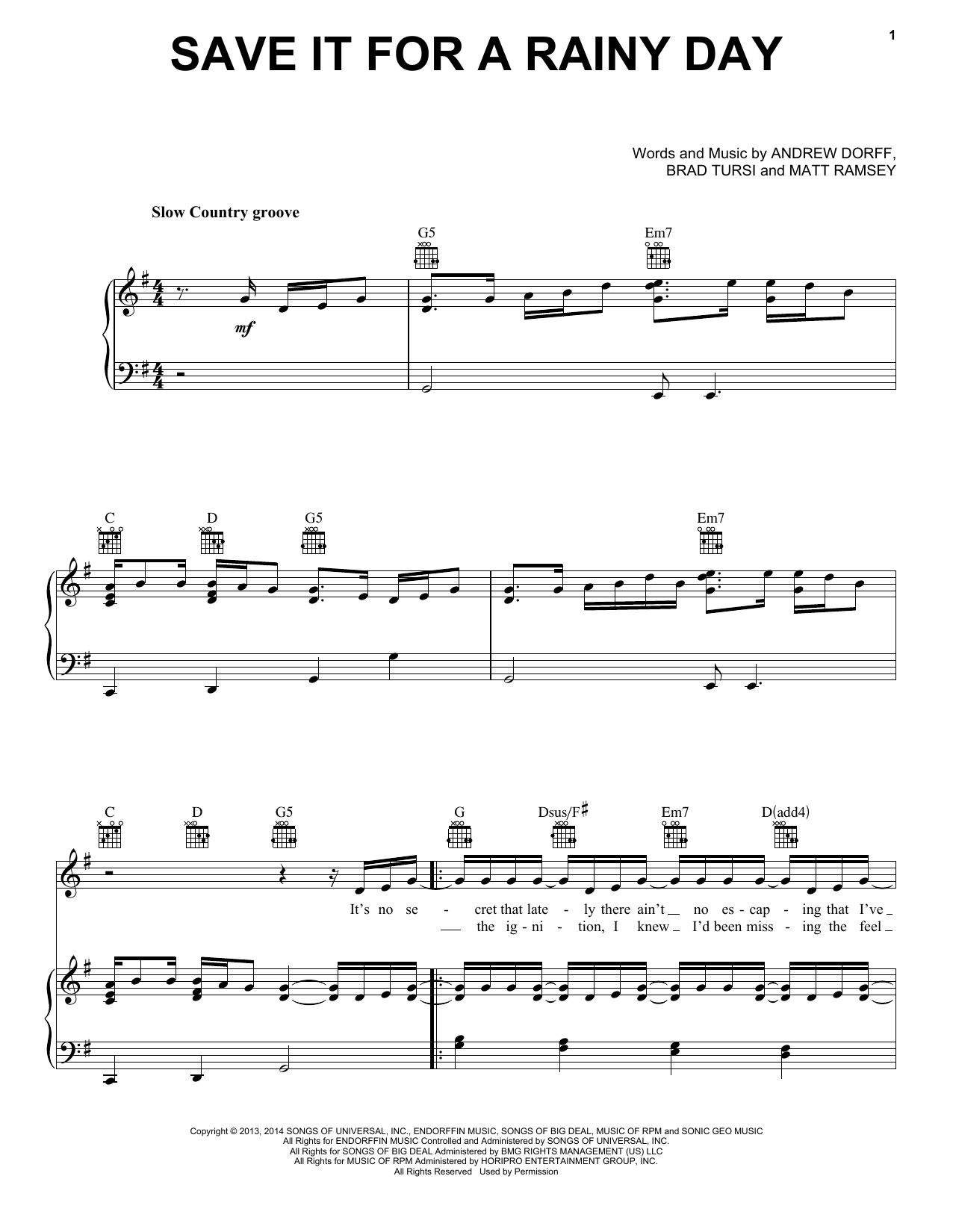 Kenny Chesney Save It For A Rainy Day sheet music notes and chords arranged for Piano, Vocal & Guitar Chords (Right-Hand Melody)
