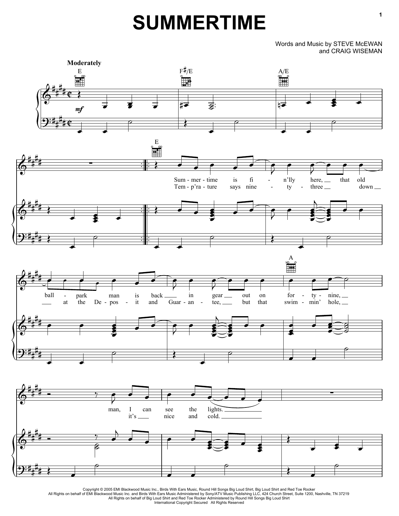 Kenny Chesney Summertime sheet music notes and chords arranged for Easy Piano