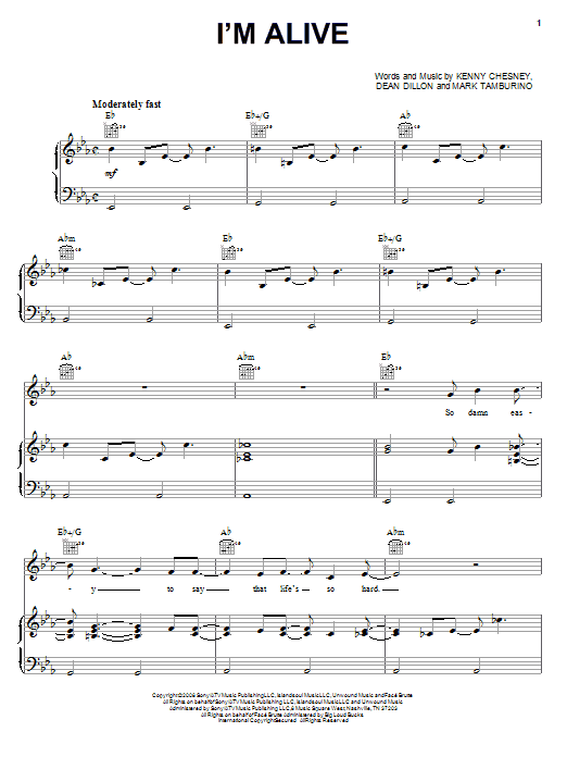 Kenny Chesney with Dave Matthews I'm Alive sheet music notes and chords arranged for Piano, Vocal & Guitar Chords (Right-Hand Melody)