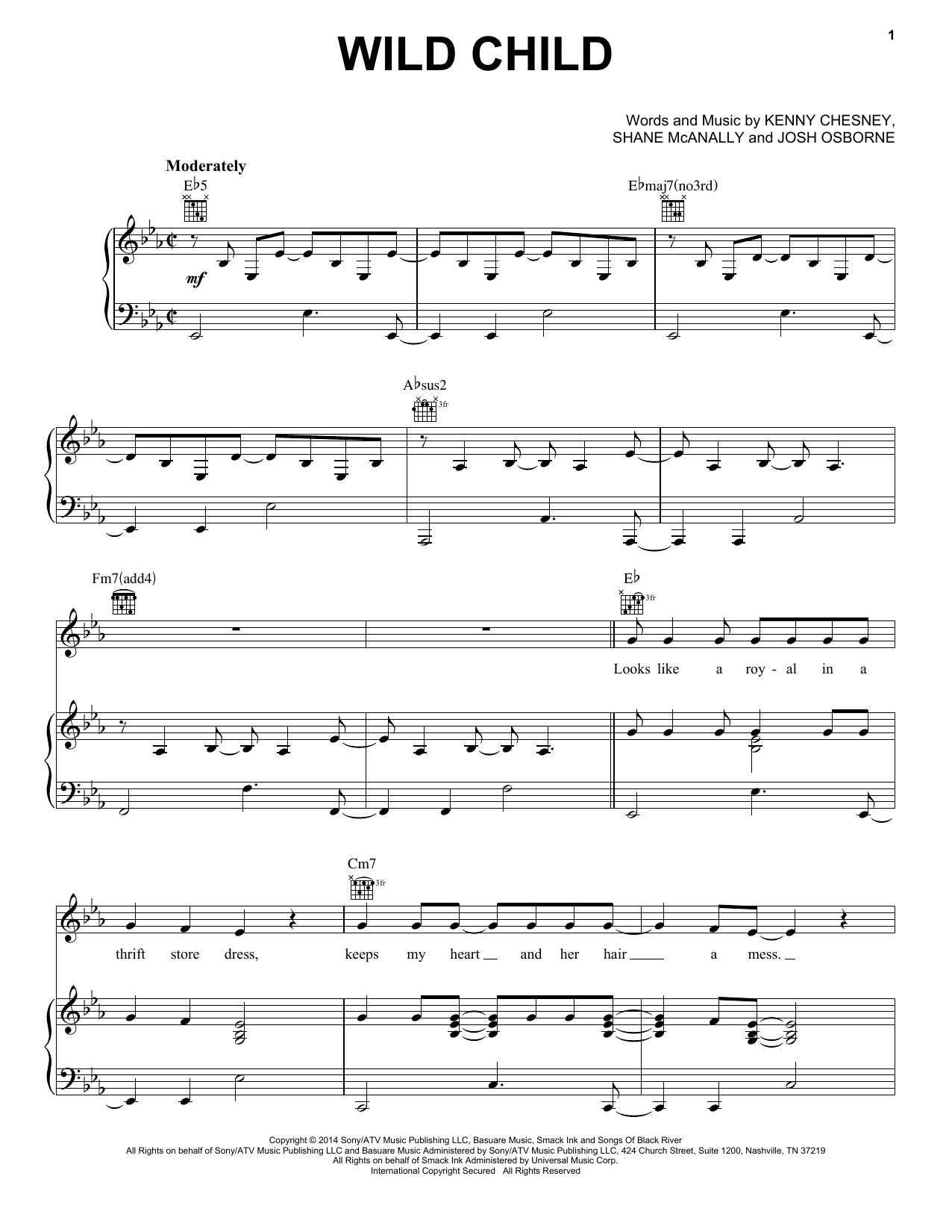 Kenny Chesney with Grace Potter Wild Child sheet music notes and chords arranged for Piano, Vocal & Guitar Chords (Right-Hand Melody)