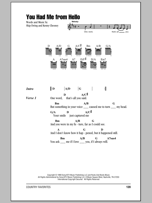 Kenny Chesney You Had Me From Hello sheet music notes and chords arranged for Very Easy Piano