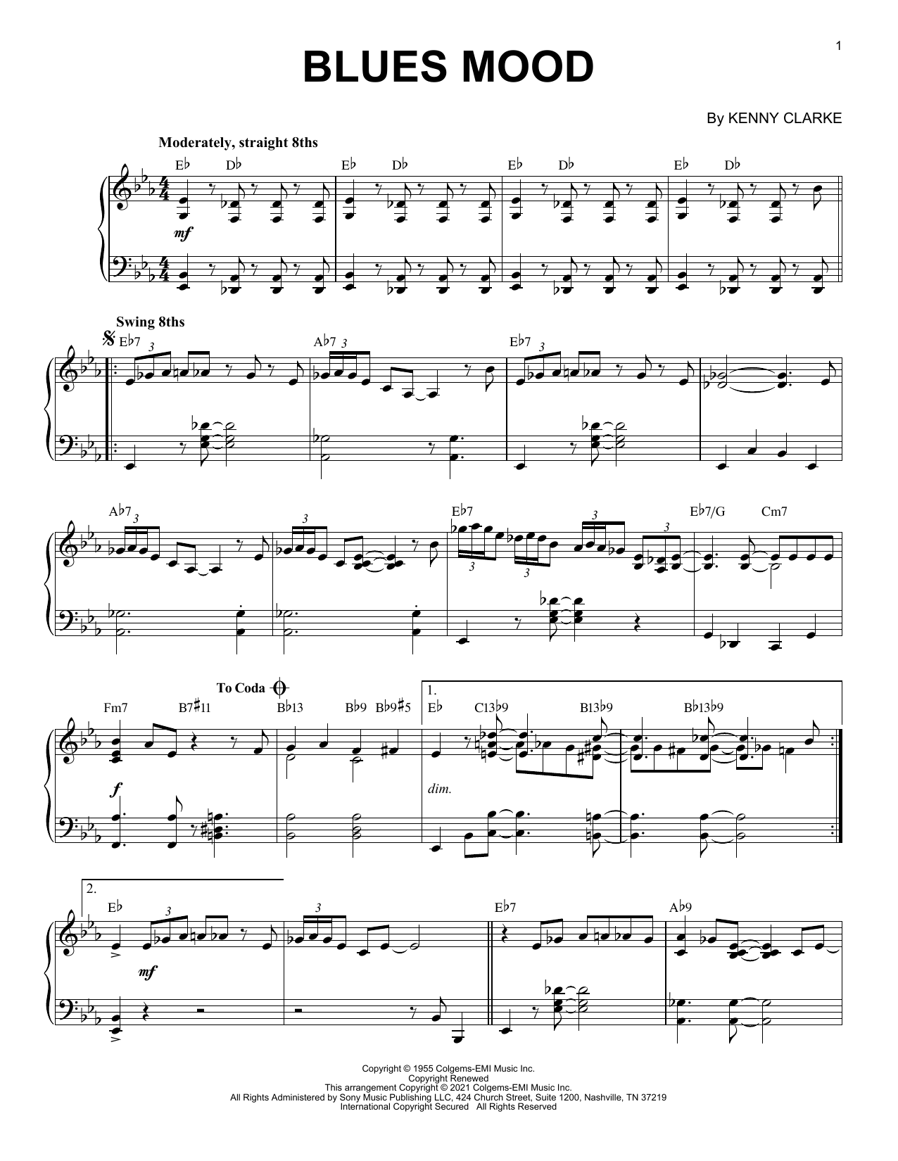 Kenny Clarke Blues Mood [Jazz version] (arr. Brent Edstrom) sheet music notes and chords arranged for Piano Solo