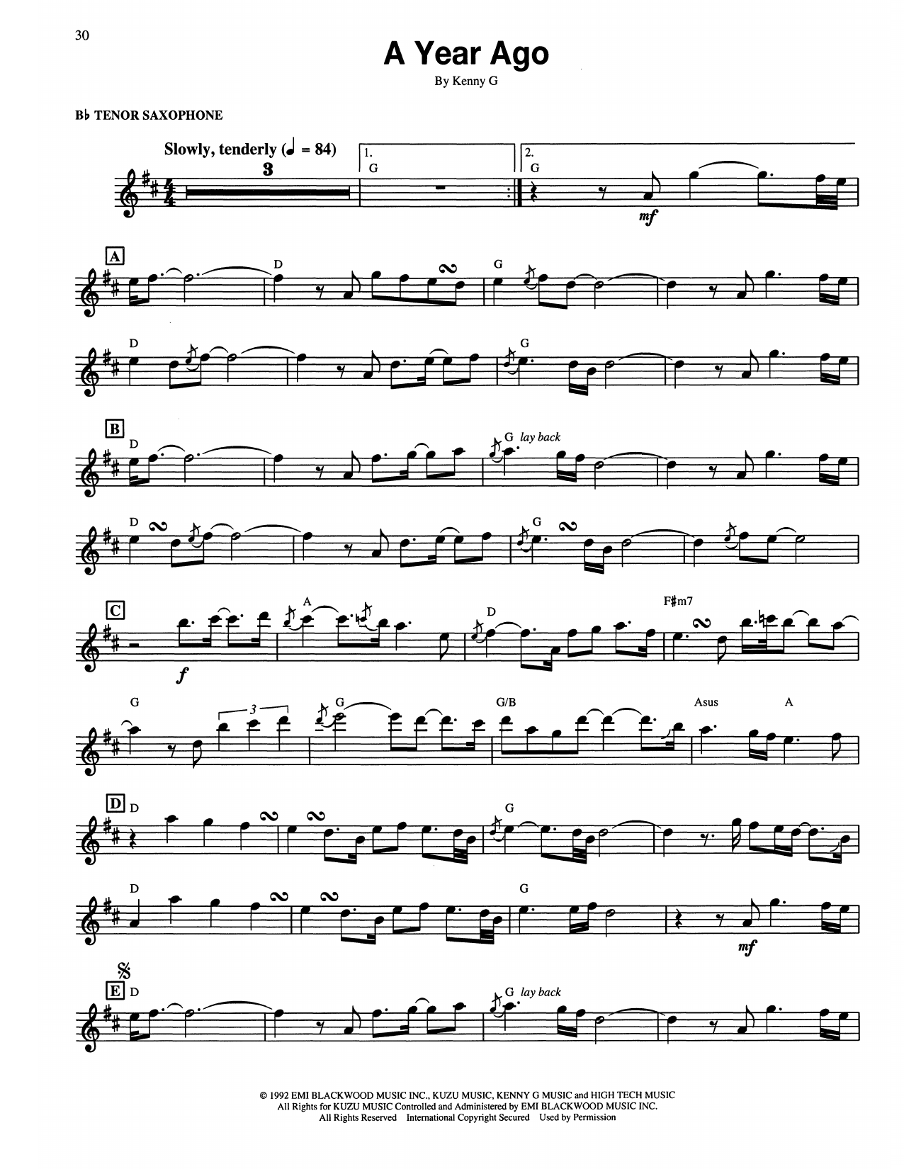 Kenny G A Year Ago sheet music notes and chords arranged for Tenor Sax Transcription