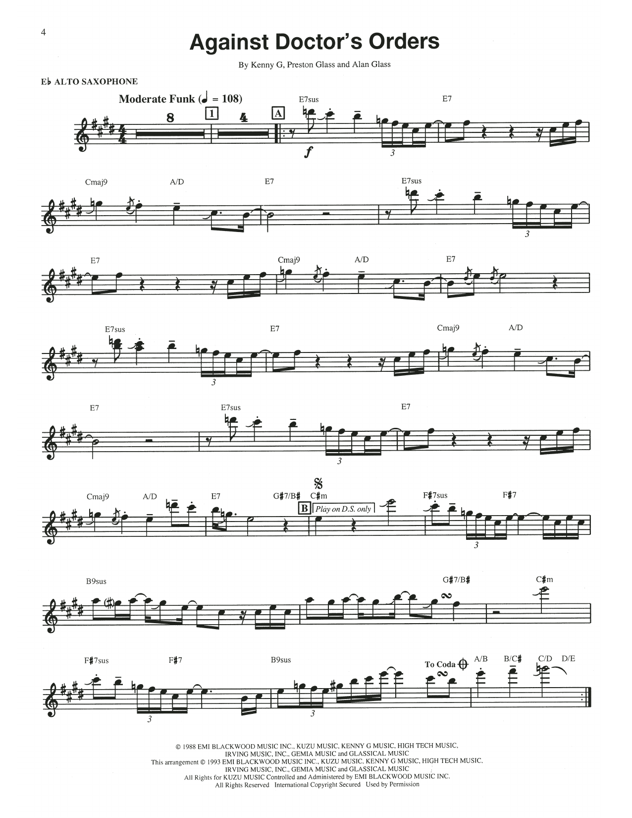 Kenny G Against Doctor's Orders sheet music notes and chords arranged for Piano Solo