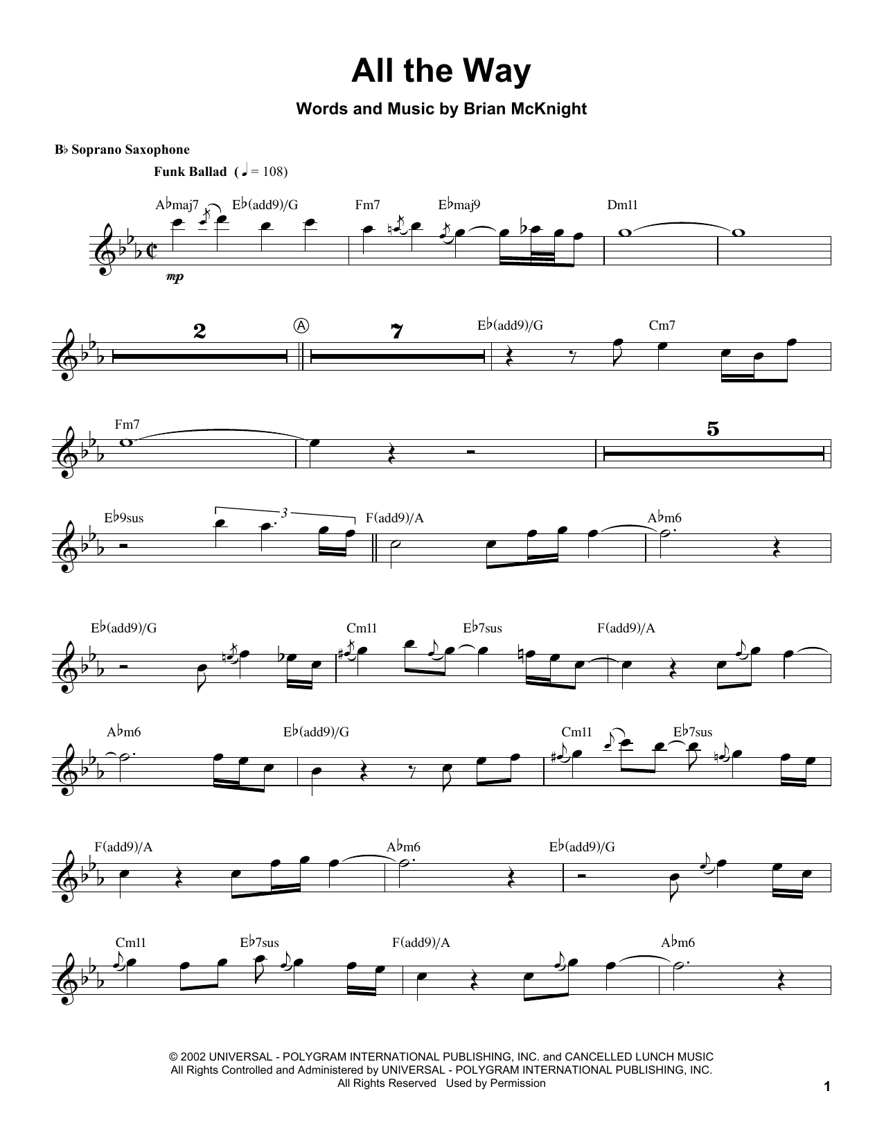 Kenny G All The Way sheet music notes and chords arranged for Soprano Sax Transcription