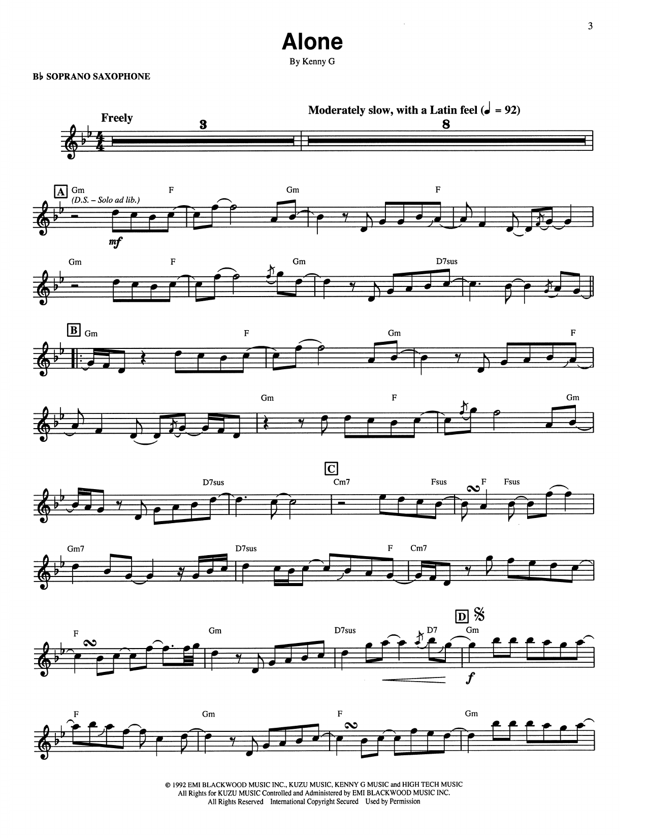 Kenny G Alone sheet music notes and chords arranged for Soprano Sax Transcription
