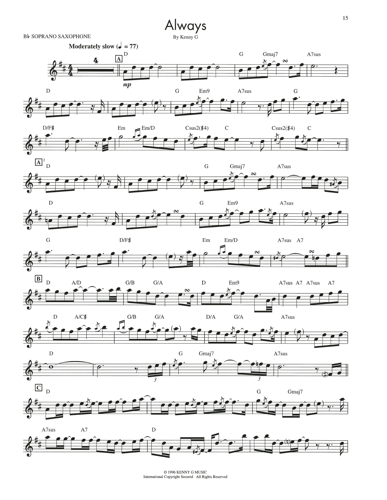 Kenny G Always sheet music notes and chords arranged for Soprano Sax Transcription