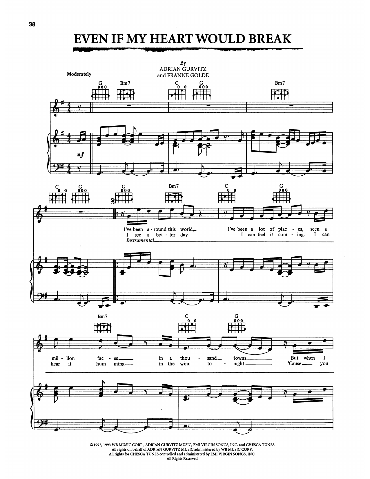 Kenny G and Aaron Neville Even If My Heart Would Break (from The Bodyguard) sheet music notes and chords arranged for Piano, Vocal & Guitar Chords (Right-Hand Melody)