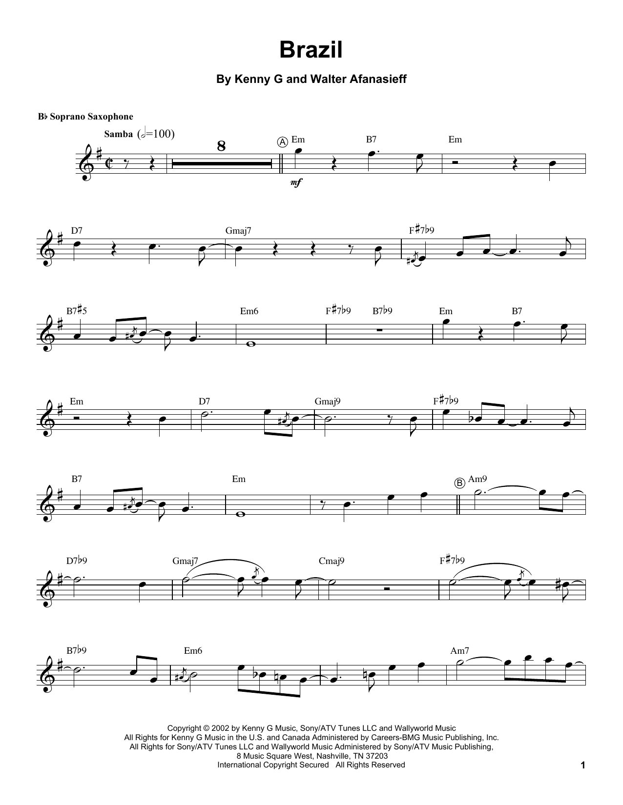 Kenny G Brazil sheet music notes and chords arranged for Soprano Sax Transcription