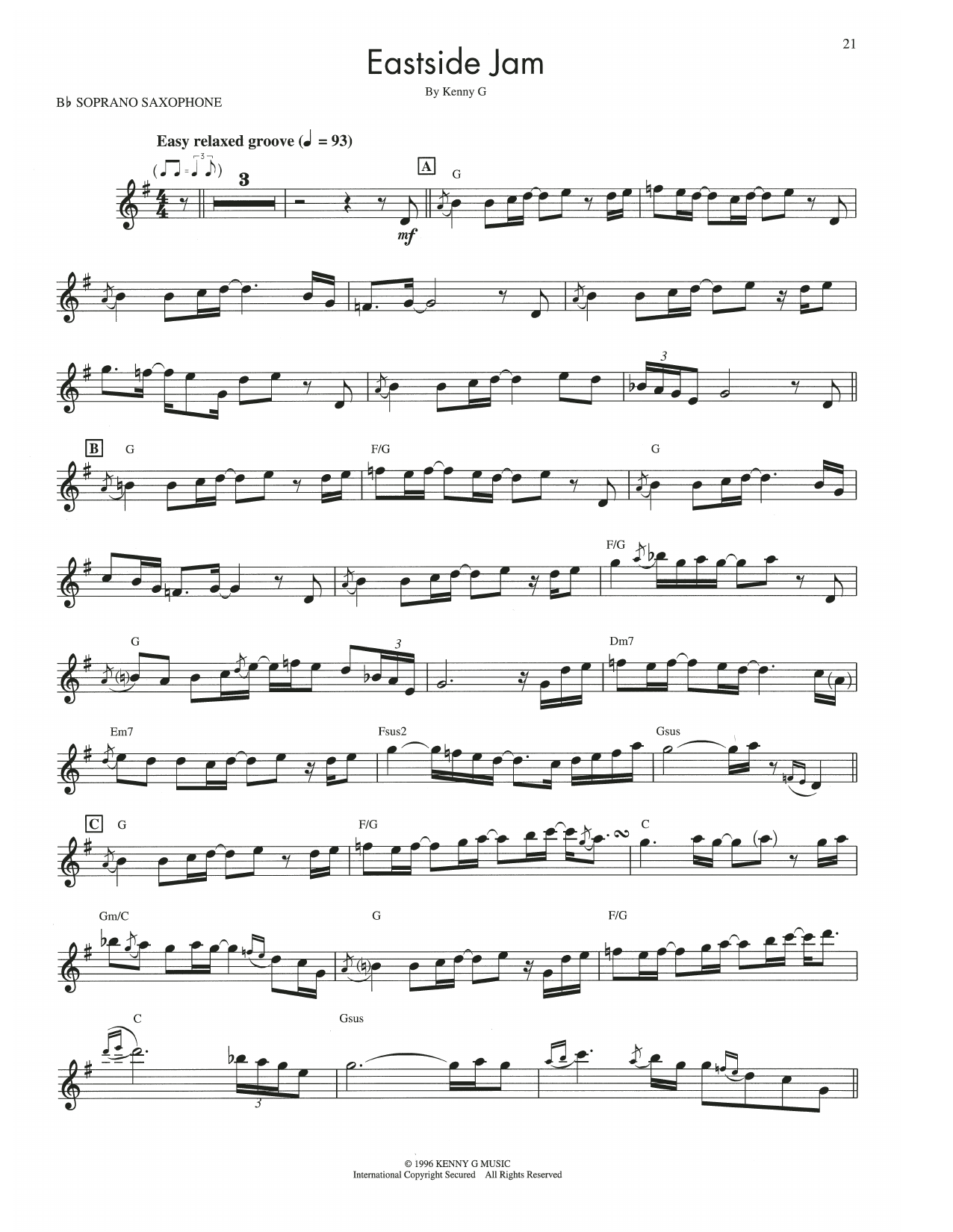 Kenny G Eastside Jam sheet music notes and chords arranged for Soprano Sax Transcription