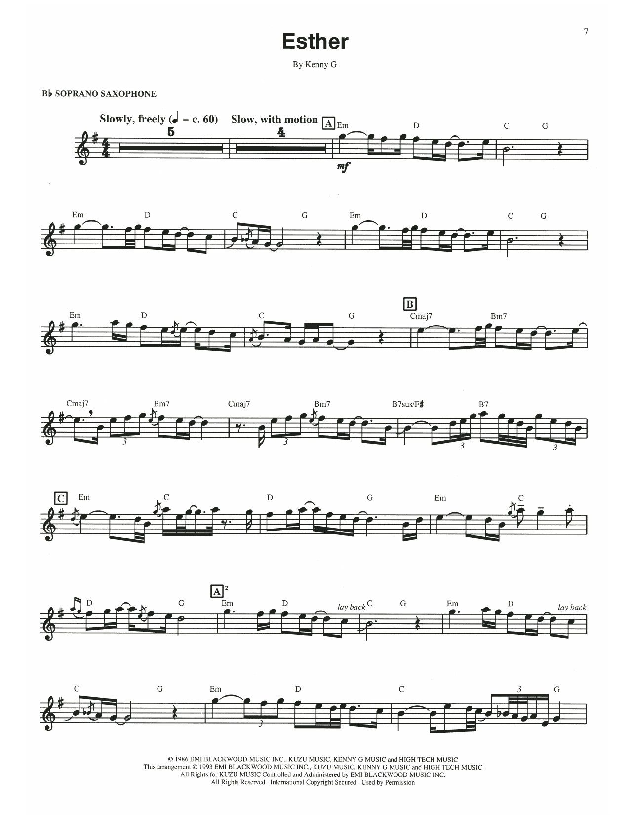 Kenny G Esther sheet music notes and chords arranged for Soprano Sax Transcription