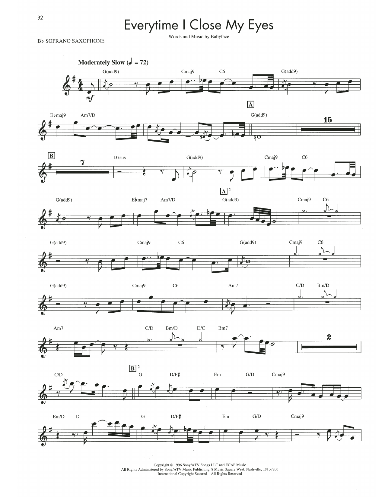 Kenny G Everytime I Close My Eyes sheet music notes and chords arranged for Soprano Sax Transcription
